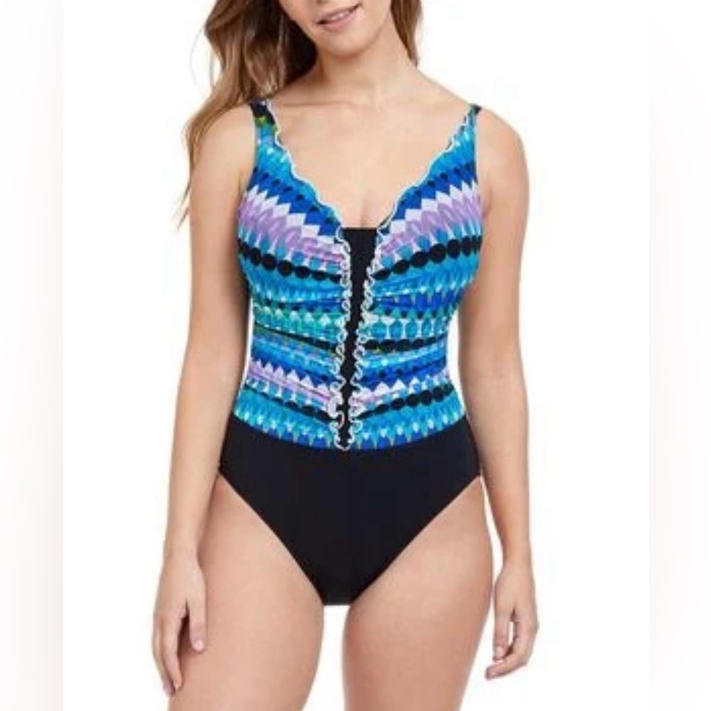 Gottex Colorful V-Neck Ruffle One-Piece Slenderizing Swimsuit NWT Sz 12
